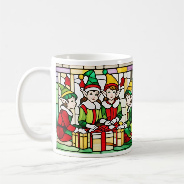 Christmas Elves in Stained Glass Coffee Mug (Left)