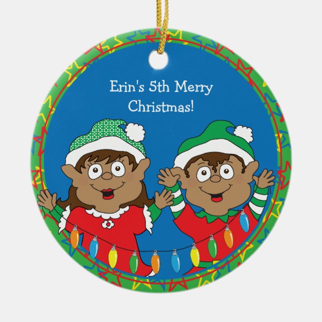 Christmas Elves of Colour Ceramic Tree Decoration (Front)