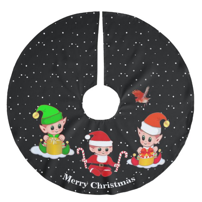Christmas Elves on Black  Brushed Polyester Tree Skirt (Front)