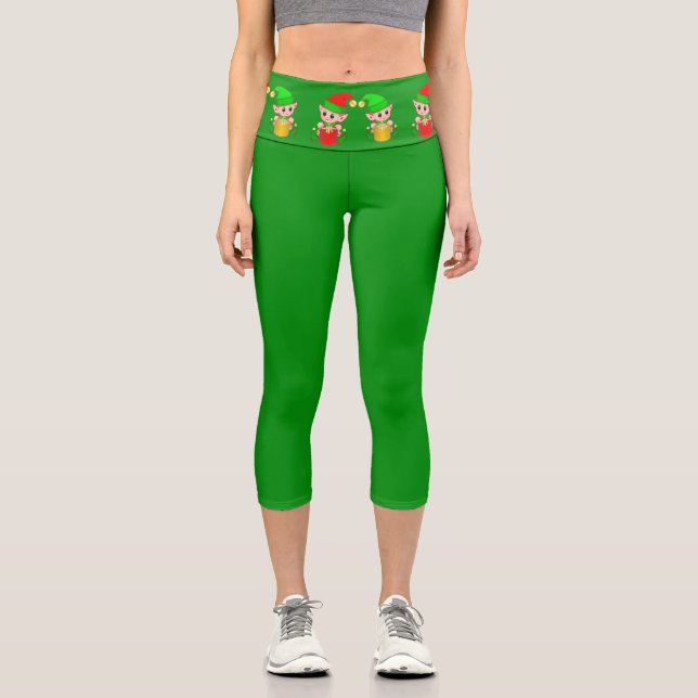 Christmas elves on green capri leggings (Front)