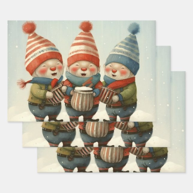 Christmas Elves Playing Musical Drums Wrapping Paper Sheet (Set)