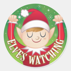 Christmas Elves Watching Red n Green Envelope Classic Round Sticker