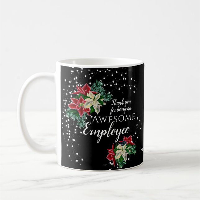 Christmas Employee Appreciation Floral Black Coffee Mug (Left)