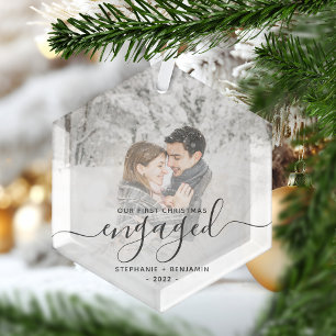 Christmas Engaged Custom Photo Grey Script Glass Tree Decoration