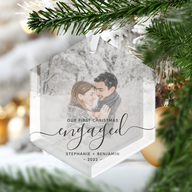 Christmas Engaged Custom Photo Grey Script Glass Tree Decoration (Creator Uploaded)