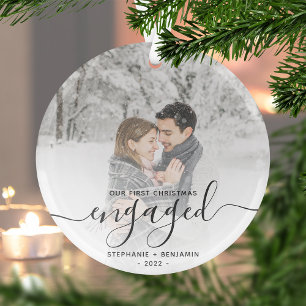 Christmas Engaged Custom Photo Grey Script Glass Tree Decoration