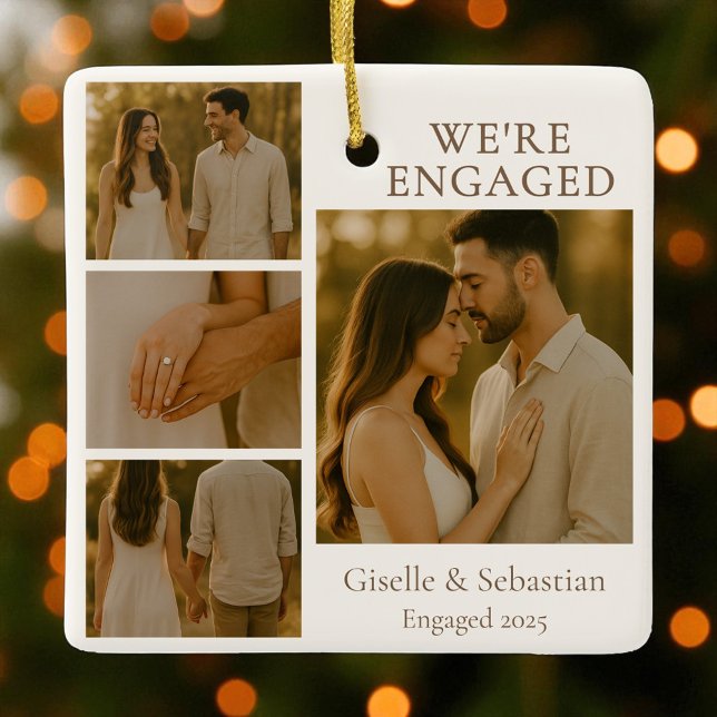 Christmas Engaged Engagement Collage 4 Photo Ceramic Ornament (Creator Uploaded)