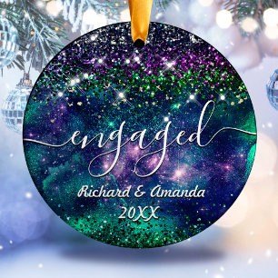Christmas engaged married purple green glitter ceramic tree decoration