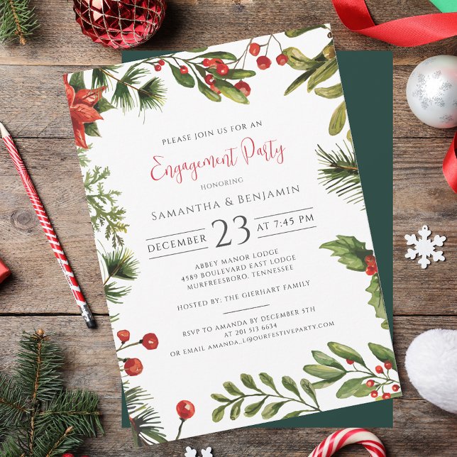 Christmas Engagement Party Berries Mistletoe Invitation (Christmas Engagement Party Berries Mistletoe Invitation)