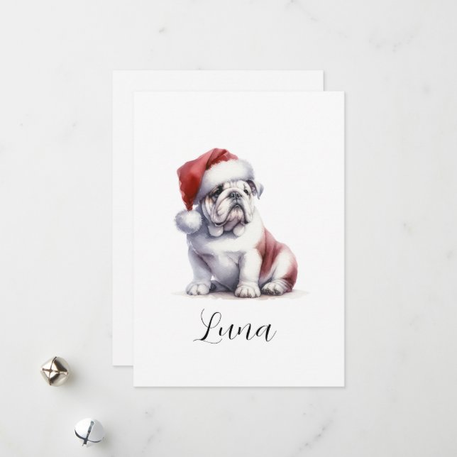 Christmas English Bull Dog Santa Hat  Holiday Card (Front/Back In Situ)