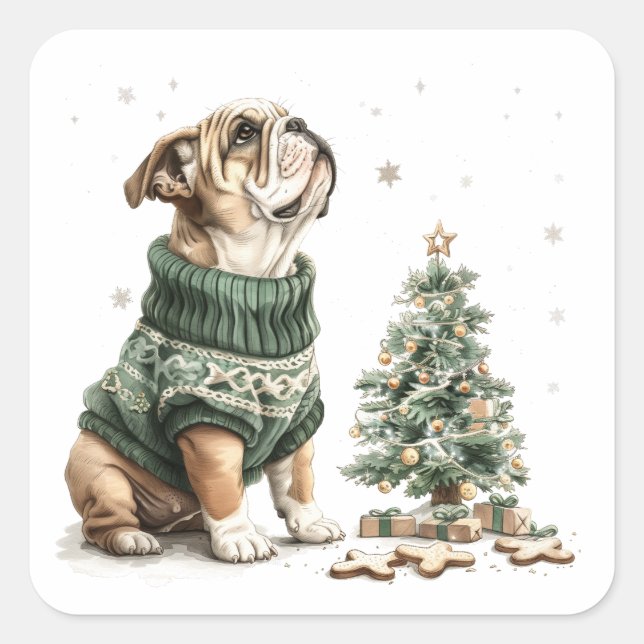 Christmas English Bulldog Christmas Tree Square Sticker (Front)