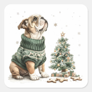 Christmas English Bulldog Christmas Tree Square Sticker