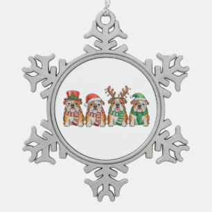 Christmas English Bulldog Dog Santa Hat Reindeer Snowflake Pewter Christmas Ornament
