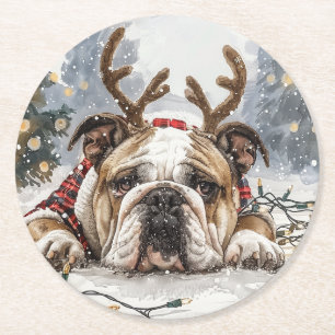 Christmas English Bulldog Reindeer Round Paper Coaster