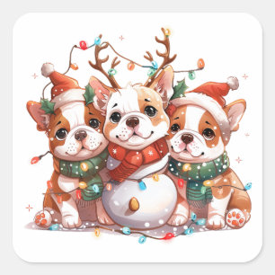 Christmas English Bulldog Reindeer Santa Square Sticker