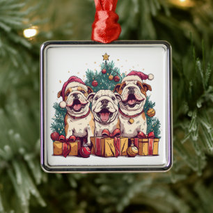 Christmas English Bulldog Santa Hats Metal Tree Decoration