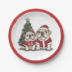 Christmas English Bulldog Santa Hats Paper Plate