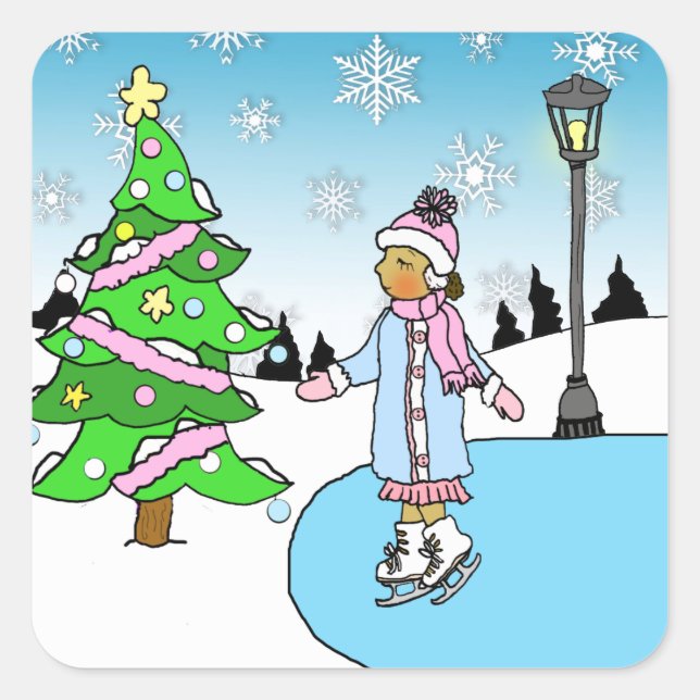 Christmas ethnic Ice Skater on Snowy Winter Day Square Sticker (Front)