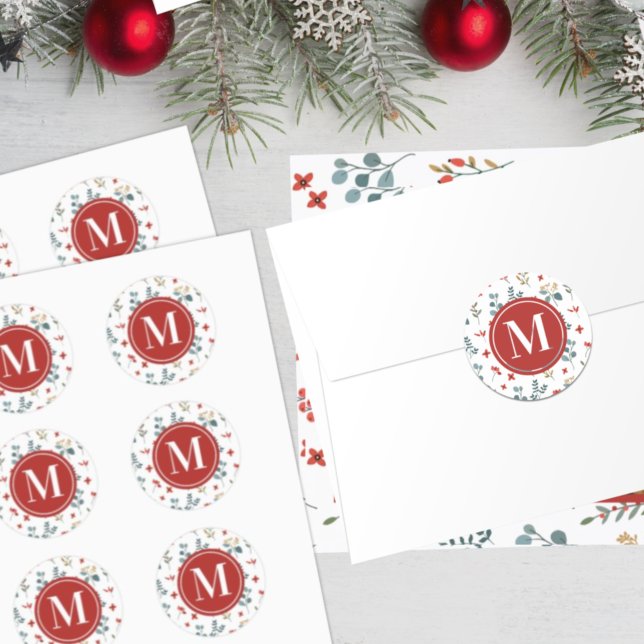 Christmas Eucalyptus Foliage Berries Monogram Classic Round Sticker (Creator Uploaded)