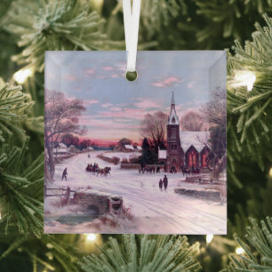 Christmas Eve at Church in snow Andrew Melrose Cer Glass Tree Decoration