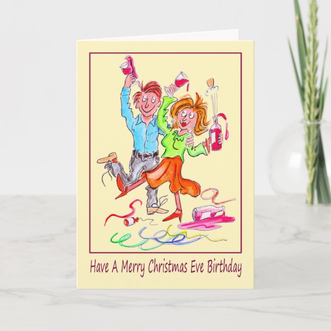 Christmas Eve Birthday Cartoon of Couple Partying Holiday Card (Front)