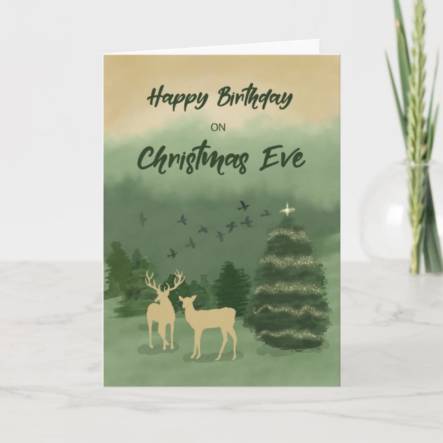 Christmas Eve Birthday Green Landscape with Tree Card (Front)
