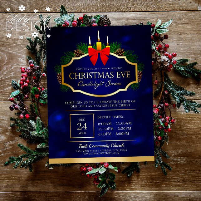 Christmas Eve Candlelight Church Service Blue Gold Flyer (Creator Uploaded)