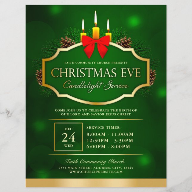 Christmas Eve Candlelight Church Service Green  Flyer (Front)