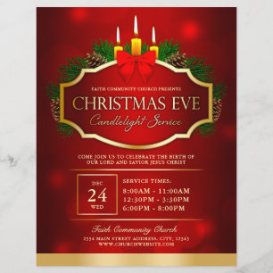 Christmas Eve Candlelight Church Service Red Gold Flyer