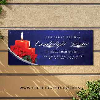 Christmas Eve Candlelight Poinsettia Blue Church Banner