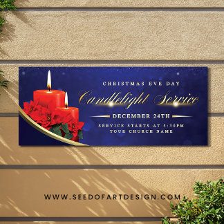 Christmas Eve Candlelight Poinsettia Blue Church Banner