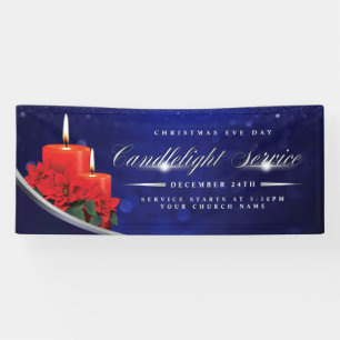 Christmas Eve Candlelight Poinsettia Blue Church Banner