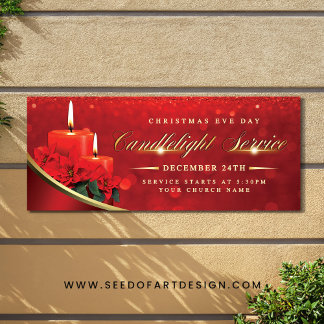 Christmas Eve Candlelight Poinsettia Red Church Banner