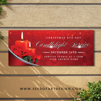 Christmas Eve Candlelight Poinsettia Red Church Banner