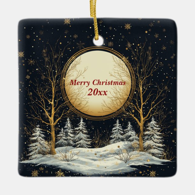 Christmas Eve Full Moon Pine Trees Snow Ceramic Ornament (Front)