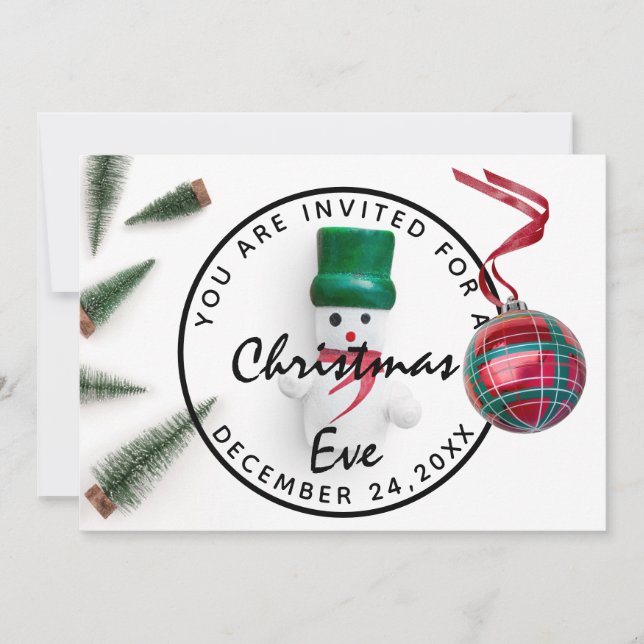 Christmas Eve Holiday Dinner White Green Snowman Invitation (Front)