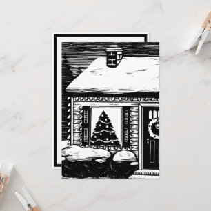 Christmas Eve House Tree in Window Black & White Card