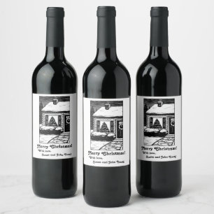 Christmas Eve House Tree in Window Black & White Wine Label