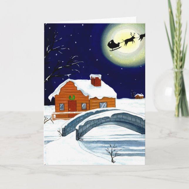 Christmas Eve Moon Log Cabin Santa Sleigh Reindeer Holiday Card (Front)