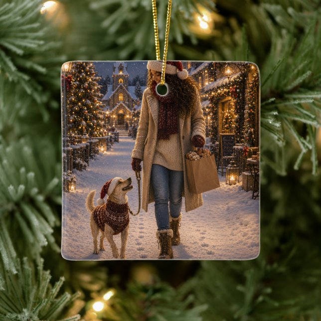 Christmas Evening Walk with Lina Ceramic Ornament (Tree)
