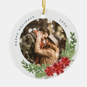 Christmas Evergreen and Poinsettia Photo Ceramic Tree Decoration