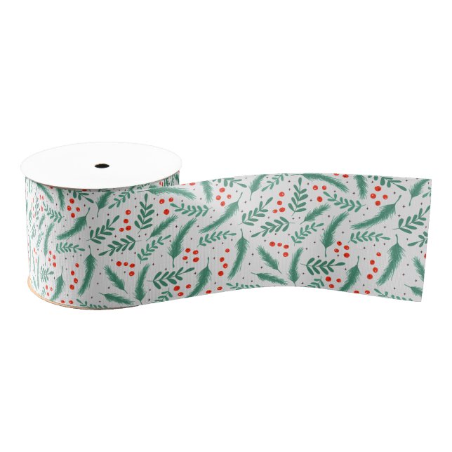 Christmas Evergreen Boughs and Holly Berries Grosgrain Ribbon (Spool)