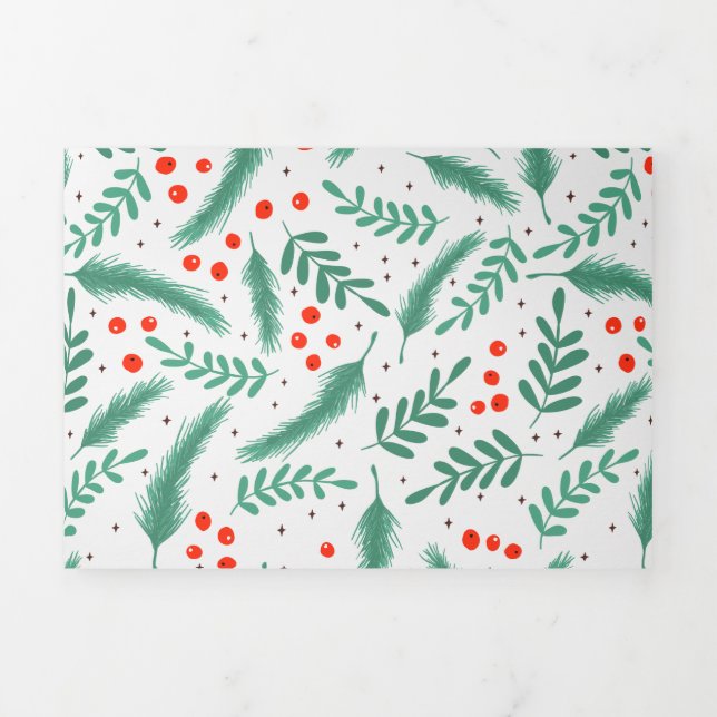 Christmas Evergreen Boughs and Holly Berries Tri-Fold Holiday Card (Cover)