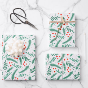 Christmas Evergreen Boughs and Holly Berries Wrapping Paper Sheet