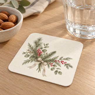 Christmas Evergreen Eucalyptus & Red Berries Square Paper Coaster