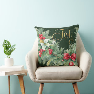 Christmas Evergreen Garland Bows Red Berries Cushion