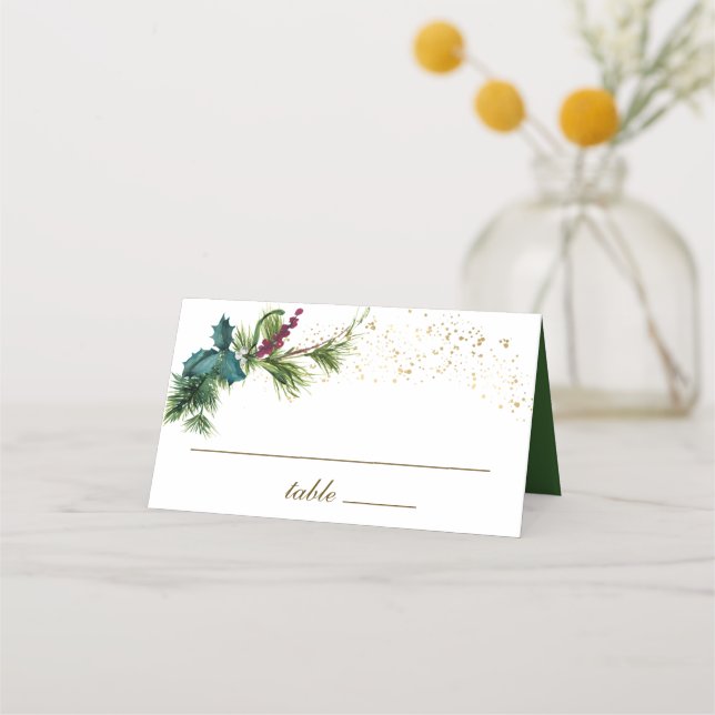Christmas Evergreen Holly Winter Wedding Place Card (Front)