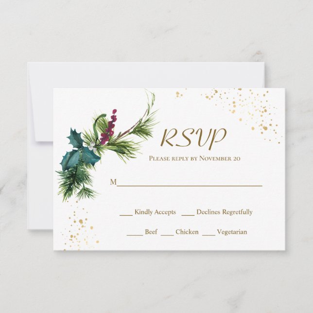 Christmas Evergreen Holly Winter Wedding RSVP Card (Front)