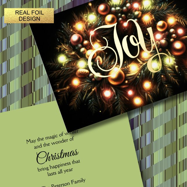Christmas Evergreen Lighted Wreath Joy Foil Holiday Card (Creator Uploaded)
