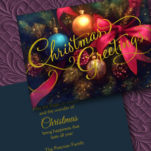 Christmas Evergreen Ornament Ribbon Holiday Card